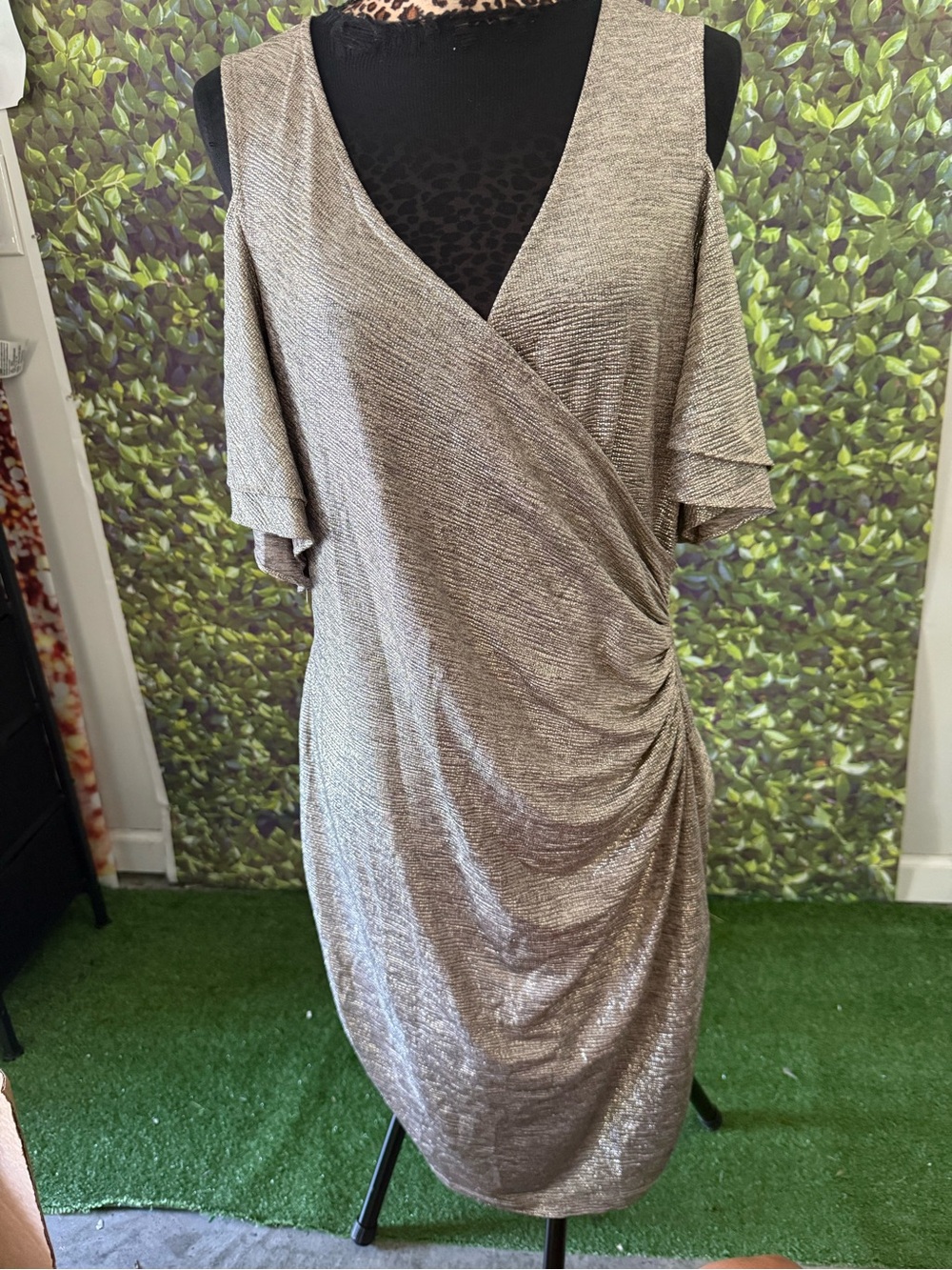 Metallic Gold Cold-Shoulder Wrap Dress mp81
